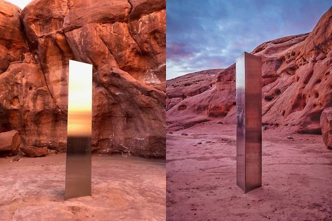 지난 2020년 11월 미국 유타주 사막 지대에서 발견된 '모노리스'. 사진=페이스북(Bureau of Land Management - Utah) 캡처/위키피디아