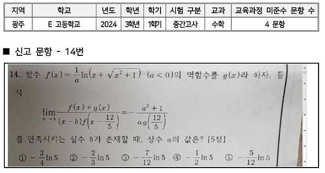 [세종=뉴시스] 사교육걱정없는세상이 분석한 올해 1학기 광주 모 고등학교의 중간고사 문항. (자료=사교육걱정없는세상 제공). 2024.06.19. photo@newsis.com *재판매 및 DB 금지