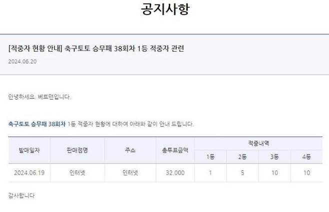 오늘 프로토 승무패 1등 독식(22억 당첨) + 대상경기