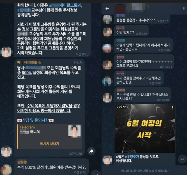 고수익 보장을 앞세워 주식 리딩방 가입을 유도하는 모습. 텔레그램 캡처