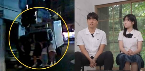 지난 1일 밤 서울 관악구 봉천동의 한 주택가에서 미끄러지는 트럭을 막고 있는 시민들(왼쪽 사진)과 트럭을 발견해 가장 먼저 막아선 김연준(오른쪽 사진의 왼쪽)·김윤서 학생. 사진=SBS·tvN&nbsp;‘유 퀴즈 온 더 블럭’ 캡처