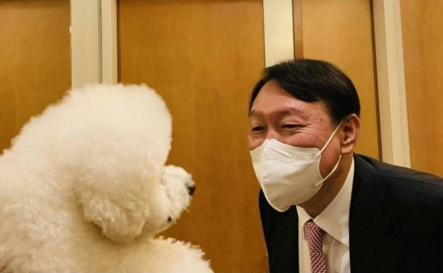 당선인 시절 반려견과 인사하는 윤석열 대통령