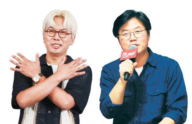 사진 왼쪽은 프로그램을 오랜 시간 다지는 ‘장인’ 스타일의 연출을 보여주는 김태호 PD. 오른쪽은 다양한 포맷을 시도하며 시즌제 예능을 정착시킨 ‘프런티어’ 스타일의 나영석 PD.