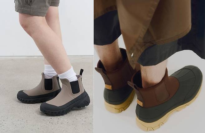 이번 여름 중성적 디자인으로 출시된 락피쉬웨더웨어의 '트레일 레인부츠(왼쪽)'과 트레통의 '아우스 하이브리드(오른쪽)' 상품. [각 사 제공