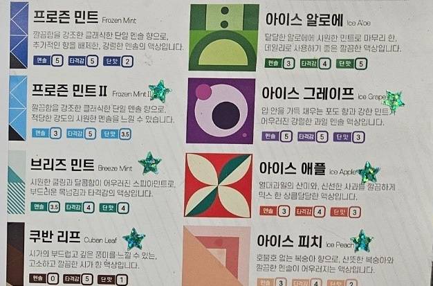 서울의 한 전자담배 판매점의 전자담배 광고들. 광고 모두 제품명에 향을 유추할 수 있는 이름이 적혀있다.