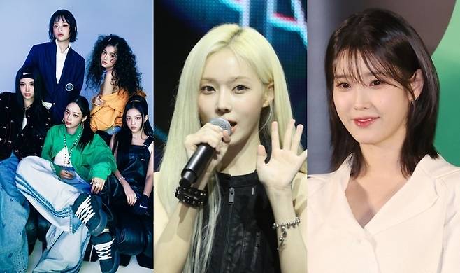 (왼쪽) 뉴진스·에스파 윈터·아이유. 연합뉴스. 어도어 제공