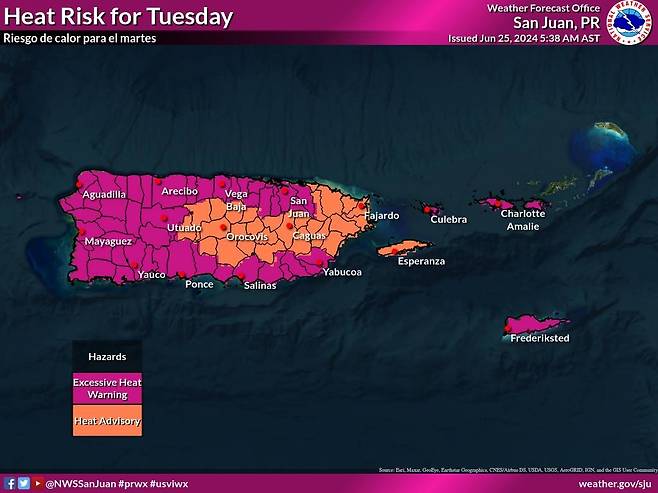 푸에르토리코 폭염특보 발효 지역을 표시한 지도 [미국 기상청 홈페이지 캡처. 재판매 및 DB 금지]