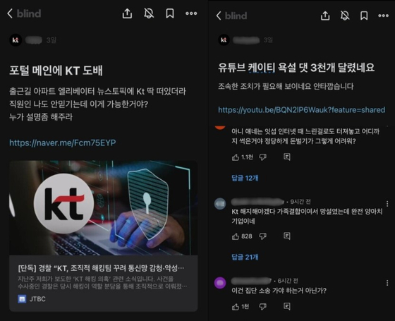 직장인 익명 커뮤니티 블라인드에 올라온 KT 직원의 글