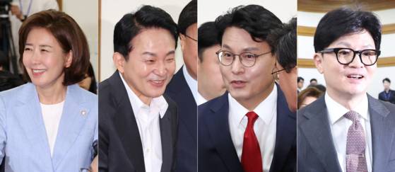 국민의힘 당대표 출마 선언을 한 나경원 의원(왼쪽부터), 원희룡 전 국토부 장관, 윤상현 의원, 한동훈 전 비상대책위원장. 〈사진=연합뉴스〉