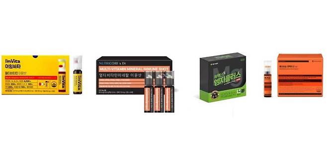 왼쪽부터 종근당의 ‘아임비타 멀티비타민 이뮨샷’과 뉴트리코어의 ‘멀티비타민미네랄 이뮨샷’, GC녹십자의 ‘비맥스 엠지플러스’, 대웅제약의 ‘에너씨슬 퍼펙트샷’./종근당, 뉴트리코어, GC녹십자, 대웅제약