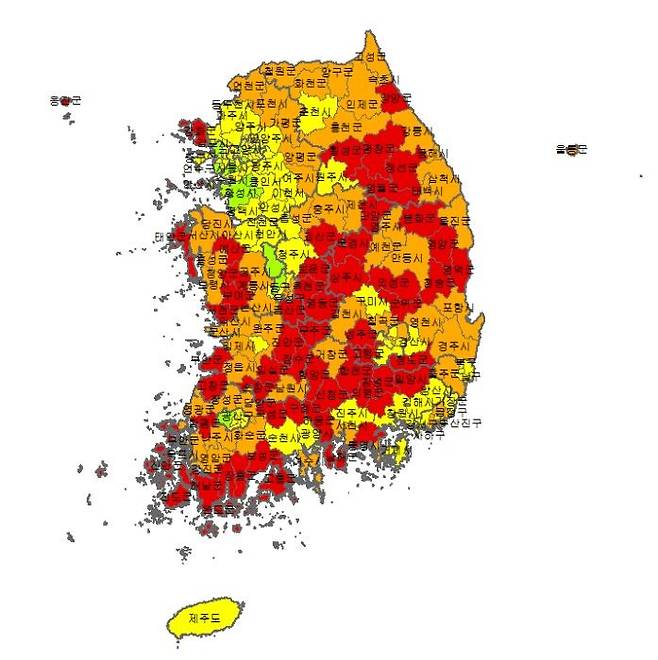 [서울=뉴시스] 한국고용정보원이 분석한 2024년 3월 기준 전국 228개 시군구별 소멸위험지역 현황. 2024.06.28. (자료=고용정보원 제공) *재판매 및 DB 금지