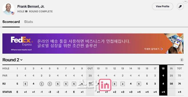 프랭크 벤셀 주니어의 스코어 카드. (사진=PGA 투어 홈페이지)
