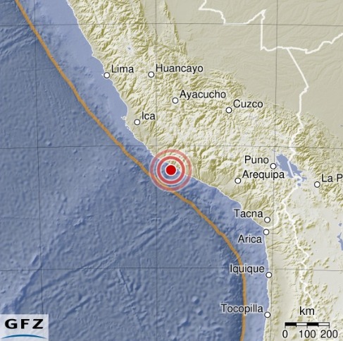29일(현지시간) 페루 해안에서 발생한 규모 6.0의 지진(독일 지구과학연구센터(GFZ) 갈무리). 2024.06.29.