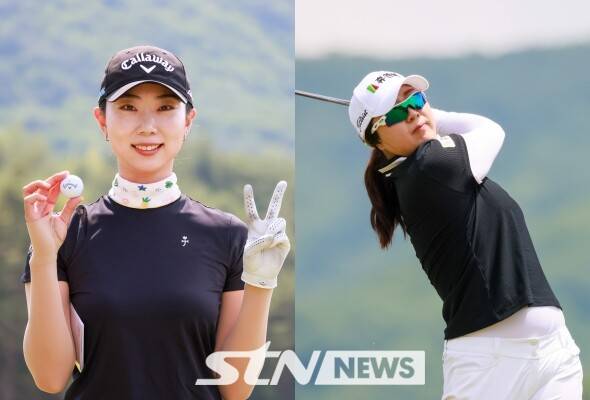29일 열린 KLPGA투어 맥콜·모나 용평오픈 2R 6번 홀에서 나란히 홀인원을 기록한 강다나2(왼쪽)와 손주희. 사진┃STN뉴스 손진현 기자.