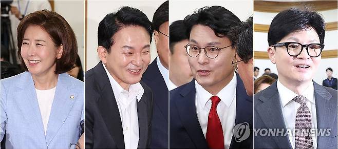 (서울=연합뉴스) 김주형 기자 = 국민의힘 당대표 출마 선언을 한 나경원 의원(사진 왼쪽부터), 원희룡 전 국토부 장관, 윤상현 의원, 한동훈 전 비상대책위원장이 24일 오전 국회에서 열린 국민의힘 초선의원 공부모임에 참석하고 있다. 2024.6.24 kjhpress@yna.co.kr 연합뉴스