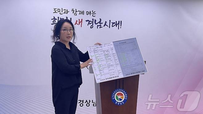 사단법인 충무 민군 나라사랑공연단 송미미 이사장이 1일 경남도청에서 지난달 25일 경남도 주최로 열린 6·25전쟁 참전용사 위안 행사의 표절 의혹을 제기하는 기자회견을 하고 있다.2024.7.1/뉴스1 강정태 기자