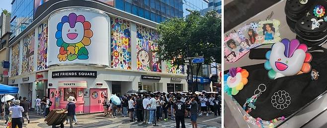 지난달 29일 서울 중구 명동쇼핑거리 한복판에 일본의 유명 작가 무라카미 다카시와 협업해 만든 뉴진스의 비주얼 아트 이미지가 옥외 광고로 노출돼 있다(왼쪽). 오른쪽은 뉴진스와 무라카미 다카시의 컬래버레이션 디자인 상품들. 송경은 기자·무라카미 다카시 인스타그램