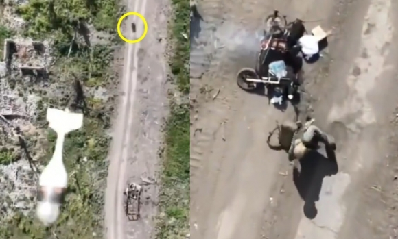 오토바이를 타고 온 러시아 병사가 우크라이나의 드론 공격을 받고있다.