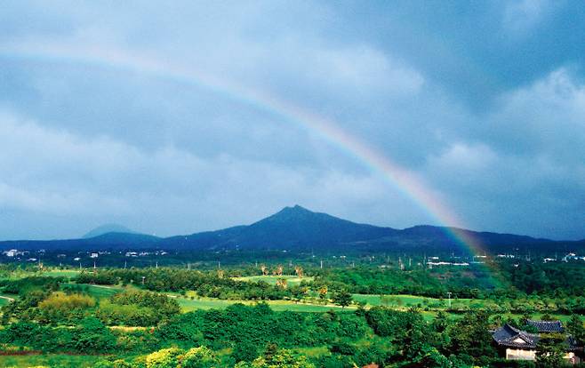 1999년 5월 제주대 명예문학박사 학위 수여식을 위해 방한한 이케다 다이사쿠 회장이 무지개가 뜬 제주도 사진을 촬영했다. [SGI]