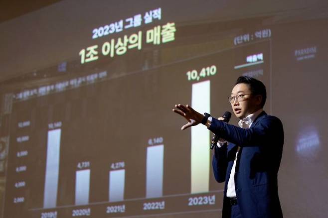 최종환 파라다이스 대표가 2일 인천 영종도 파라다이스시티에서 열린 '미디어·IR데이'에서 그룹의 새로운 성장 전략 '비욘드 넘버원(Beyond NO.1), 파라다이스 밸류업 프로젝트'에 대해 발표하고 있다.[사진제공=파라다이스]