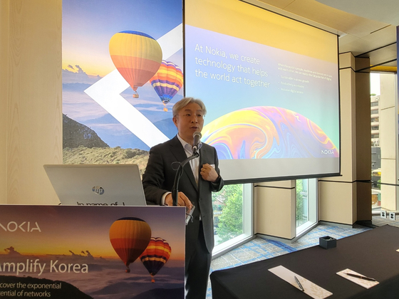 James Han, Nokia's customer chief technology officer of Korea, speaks at the Amplify Korea press briefing at the Four Seasons Hotel Seoul in central Seoul on Wednesday. [NOKIA KOREA]