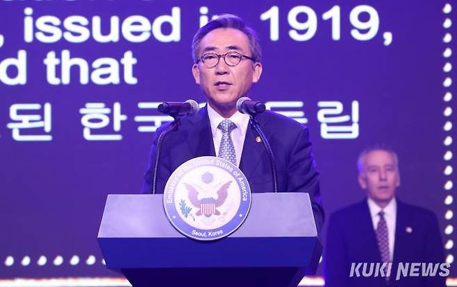 조태열 외교부 장관이 3일 오후 서울 용산구 그랜드 하얏트 서울에서 열린 미국 독립기념일 행사에서 축사를 하고 있다.