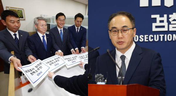더불어민주당 검사범죄대응TF 소속 김용민·민형배·장경태·전용기 의원(왼쪽부터)이 2일 서울 여의도 국회 의안과를 찾아 이재명 전 대표의 ‘대장동·백현동 특혜 개발 의혹’과 ‘쌍방울 불법 대북송금 의혹’ 사건 수사 담당자 등 검사 4명에 대한 탄핵소추안을 제출하고 있다(왼쪽 사진). 이원석 검찰총장은 서초구 대검찰청에서 기자회견을 열어 “국회 절대 다수당인 민주당이 사법부의 역할을 빼앗아 와 재판을 직접 다시 하겠다는 말과 같다”고 강하게 비판했다. 이병주 기자, 연합뉴스