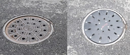안양시가 지역 내 한 기업이 개발한 맨홀 충격 방지구가 실증특례 승인을 받았다. 함몰된 맨홀(왼쪽)과 충격 방지구가 적용된 맨홀(오른쪽)