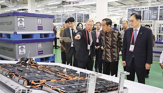 공장 찾은 조코 위도도 대통령 - 3일 현대차그룹과 LG에너지솔루션이 인도네시아에 세운 배터리셀 공장 HLI그린파워 내부를 (앞줄 왼쪽부터)정의선 현대차그룹 회장, 조코 위도도(Joko Widodo) 인도네시아 대통령, 정인교 산업부 통상교섭본부장이 둘러보고 있다. /현대차그룹