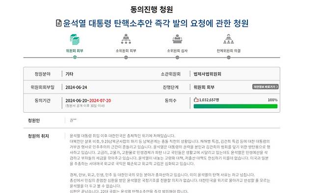 3일 오후 6시 40분 기준 '윤석열 대통령 탄핵소추안' 청원 글에 103만여명이 동의했다. 국회 국민동의청원 홈페이지 캡처