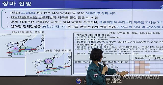 인희진 기상청 예보국장이 지난달 21일 오전 서울 서초구 한강홍수통제소에서 열린 국민의힘 기후위기대응특별위원회 2차 회의에 참석해 이번 주말을 기해 본격화될 정체전선 영향과 장마철 전망에 관해 설명하고 있다. [연합뉴스 자료사진]