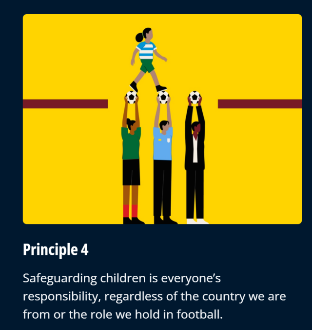 ▲국제축구연맹(FIFA)은 유엔아동권리협약 조항과 정신에 따라 아동 보호를 위한 5가지 원칙을 제시하고 있다. 그 중에는 "아이들을 보호하는 것은 우리가 어느 나라 출신이든, 축구계에서 어떤 역할을 맡고 있든 상관없이 모두의 책임"이라는 내용의 원칙이 포함됐다. ⓒ국제축구연맹(FIFA)