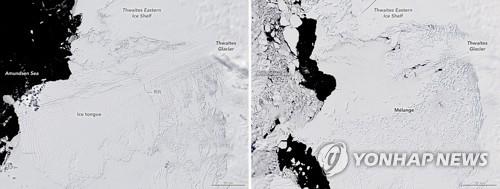 서남극 스웨이츠 빙하의 2001년 모습(왼쪽)과 2019년 모습 [NASA 제공. EPA 연합뉴스 자료사진. 재판매 및 DB 금지]