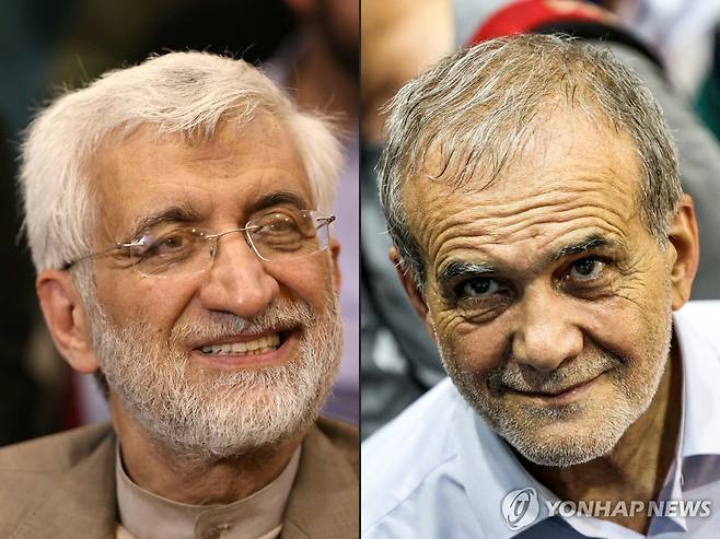 이란 대선 결선 진출한 개혁파 페제시키안(오른쪽), 잘릴리 후보 [AFP=연합뉴스 자료사진. 재판매 및 DB 금지]