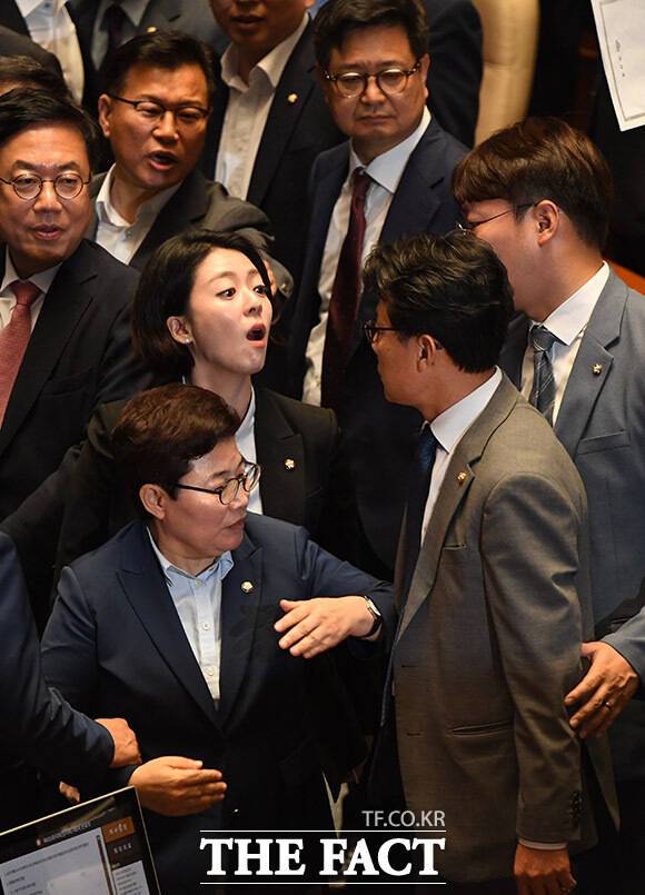 [더팩트ㅣ국회=남윤호 기자] 배현진 국민의힘 의원과 진성준 더불어민주당 의원이 4일 오후 서울 여의도 국회에서 열린 본회의에서 '채상병 특검법'에 대한 무제한토론 종결의 건 표결과 관련해 언쟁을 벌이고 있다.