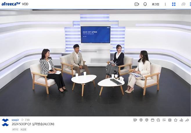 숲 관계자들이 2024년 1분기 실적 발표 방송을 하고 있다. 왼쪽에서 두번째 인물이 정찬용 숲 대표. /숲 제공