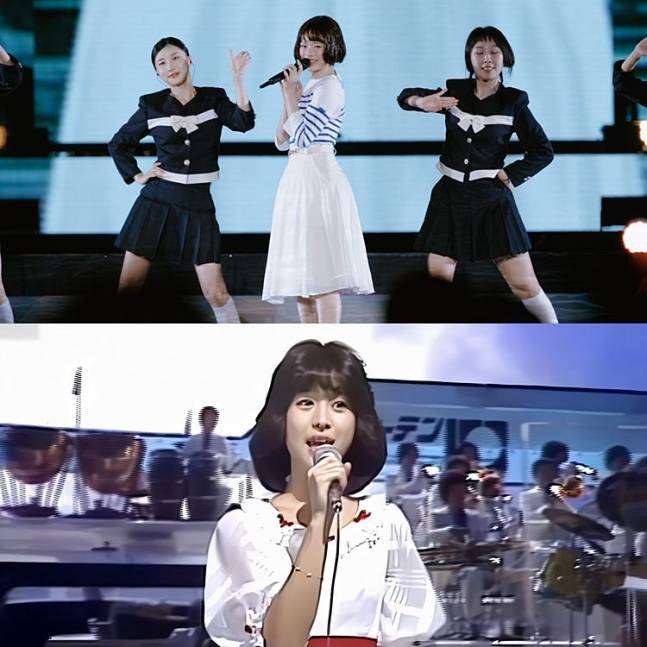 K-팝(POP) 걸그룹 뉴진스의 멤버 하니(20)가 지난달 26~27일 일본 도쿄돔에서 열린 팬미팅 ‘버니즈 캠프 2024 도쿄돔’에서 1980년 일본 가수 마쓰다 세이코(松田聖子)가 불렀던 ‘푸른 산호초(靑い珊瑚礁)’를 부르고 있다. 아래 사진은 마쓰다 세이코의 모습. [어도어, 유튜브 캡처]