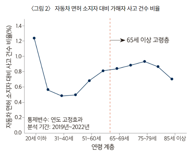 손호성 중앙대 공공인재학부 부교수가 지난해 12월 한국노인인력개발원 간행물 '고령사회의 삶과 일'에 게재한 글에 따르면 연령대별 면허 소지자 대비 사고 건수에서 고령층으로 가도 비중이 크게 변하지 않았다. 한국노인인력개발원 홈페이지 갈무리