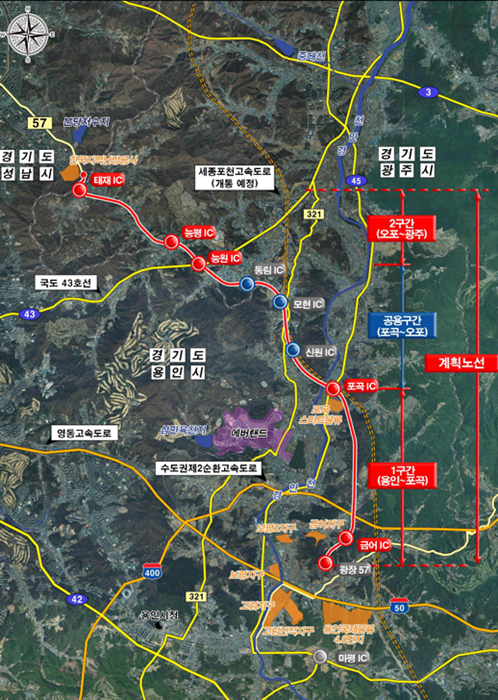 용인광주고속화도로 계획 노선도. 경기도 제공