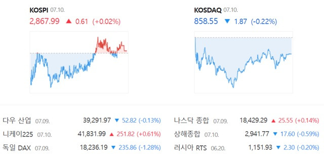 코스닥은 전 거래일(860.42)보다 0.22%(1.87포인트) 내린 858.55로 거래를 끝냈다. /네이버 증권정보 캡쳐