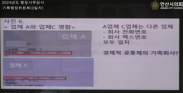 박은정 안산시의원이 민선 8기 들어 80건의 수의계약을 수주한 두 회사 대표가 가족관계라고 지적하며 관련 자료를 제시하고 있다. 박 의원 제공