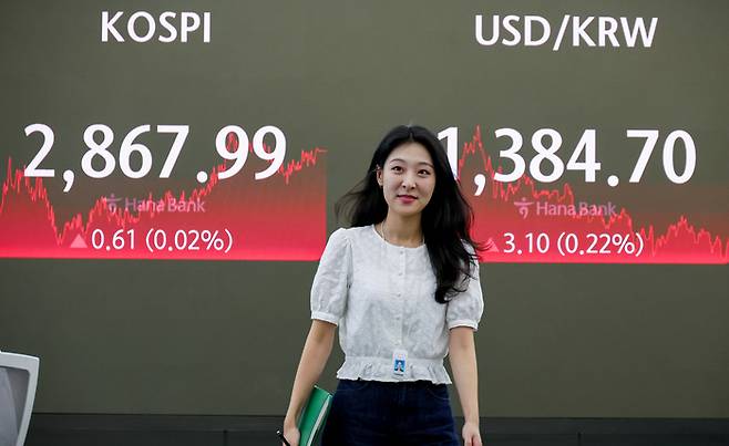 10일 오후 서울 중구 하나은행 딜링룸 스크린에 코스피 종가가 표시돼 있다. [사진 제공=연합뉴스]