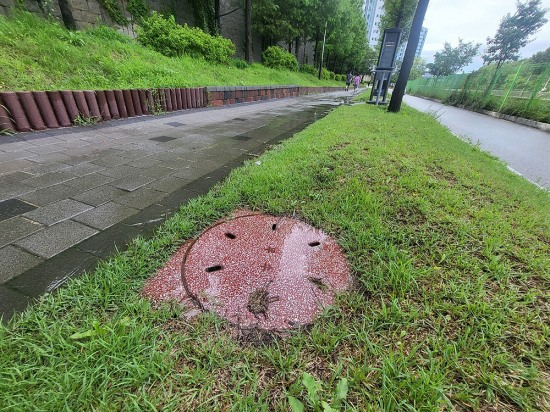 영주 가흥 신도시 완충녹지 공원내 메타세콰이어 산책로에 설치된 우수관이 높은위치에 있어 무용지물로 방치되고 있다(사진=김성권 기자)