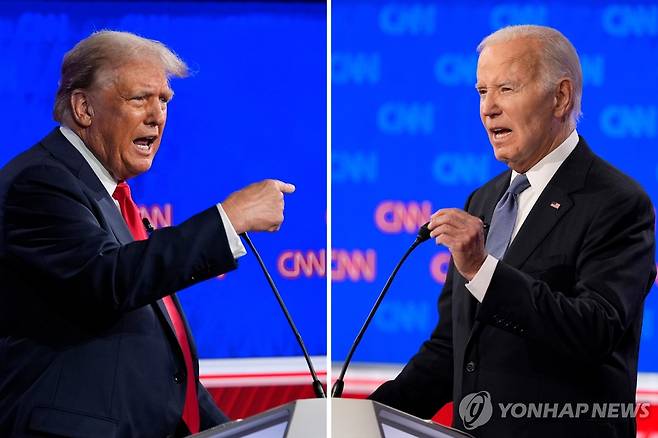 첫 TV토론서 격돌한 바이든(우)과 트럼프 [AP 연합뉴스 자료사진. 재판매 및 DB 금지]