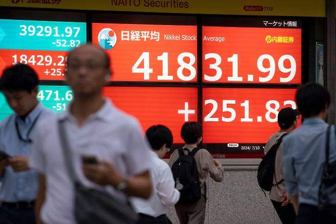 지난 10일 신고가를 경신한 닛케이225 전광판에서 사람들이 이동하고 있다.(사진= AFP)