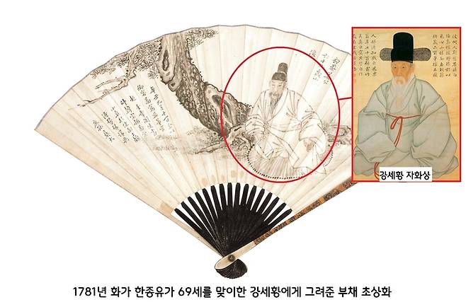 화가 한종유(1737~?)가 1781년 69세를 맞이한 표암 강세황의 부탁을 받고 그려진 부채 초상화. 강세황이 그린 자화상(보물)과 닮았다.|국립중앙박물관·개인 소장