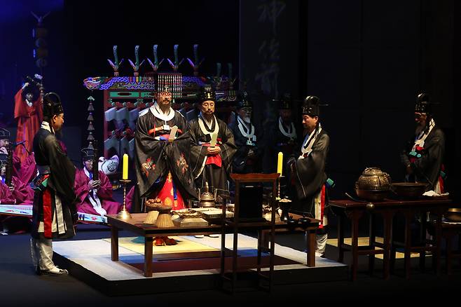 Members of the National Gugak Center perform "Sajik Jeryeak" during a press rehearsal on Wednesday. (Yonhap)