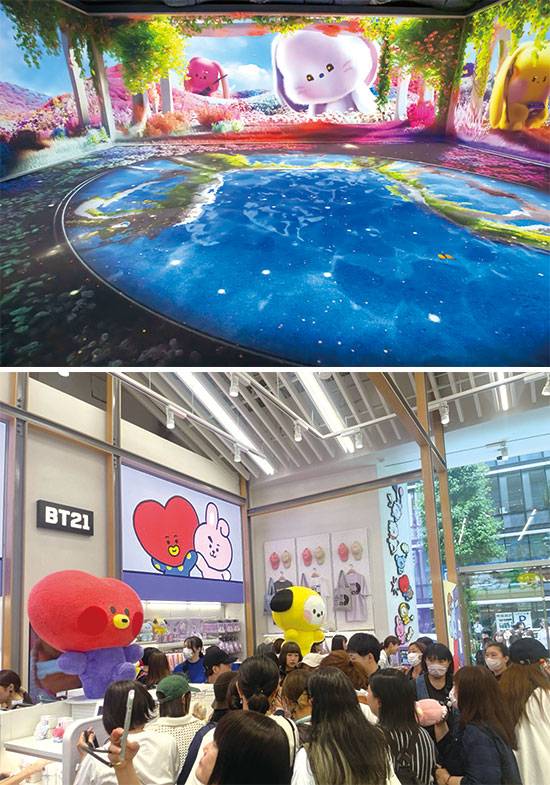 시부야 팝업 지하 1층에는 캐릭터와 아티스트에 몰입할 수 있는 인터랙티브 미디어 체험 공간이 마련됐다(위). 지상 1층에는 BT21과 라인프렌즈 오리지널 상품이 전시됐다(아래). (IPX 제공)