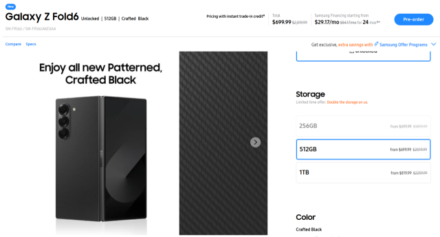 삼성 갤럭시 Z 폴드6 미국 판매 사이트. 미국에서는 메모리 용량을 2배 업그레이드 해주는 '더블 스토리지' 사전예약 혜택을 주고 있다. /삼성전자 미국 홈페이지