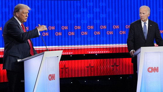 Republican presidential candidate former President Donald Trump speaks during a presidential debate hosted by CNN with President Joe Biden in Atlanta on June 27. [AP/YONHAP]